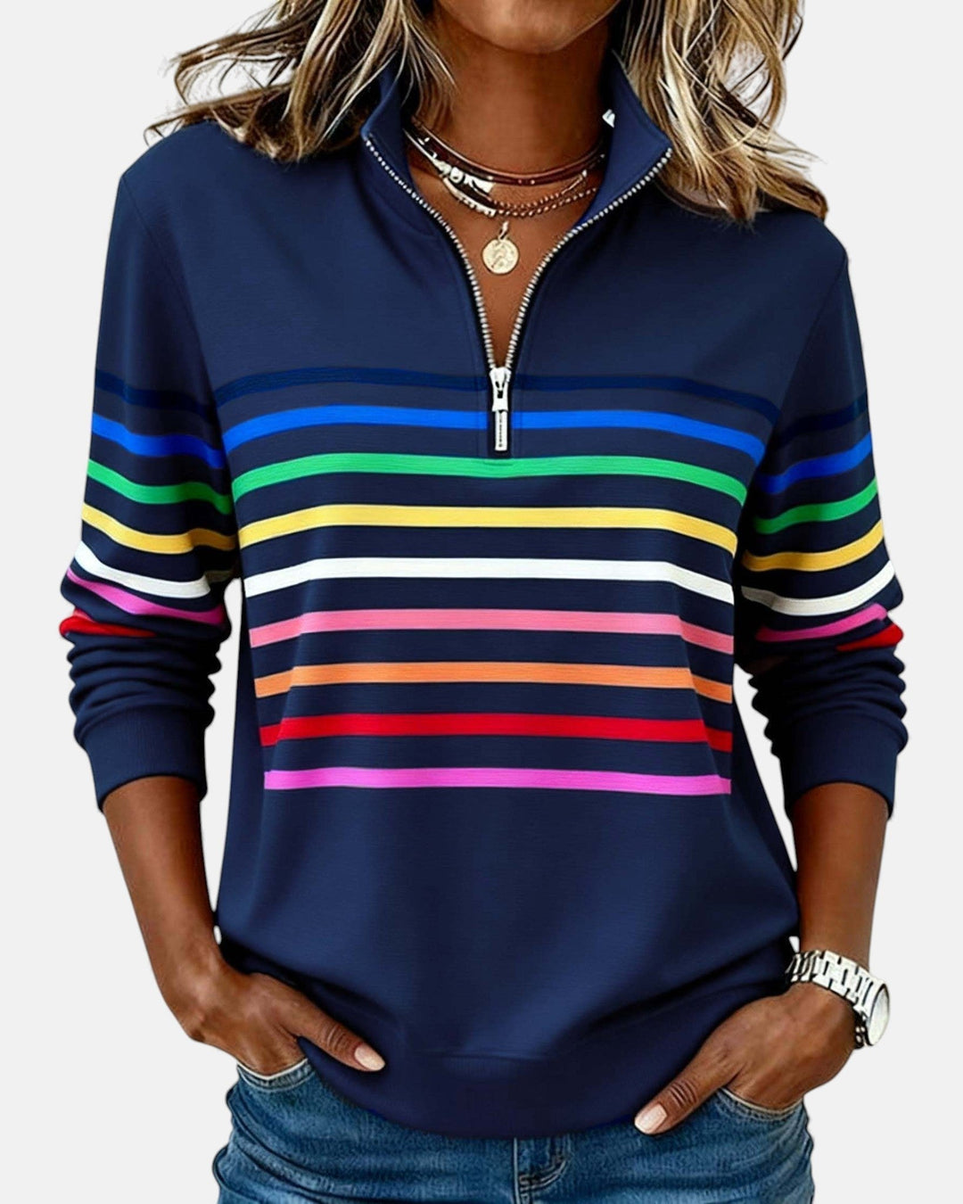 Comfortable Rainbow Striped Sweatshirt for Women with Quarter Zip Collar Long Sleeve Relaxed Knit Style