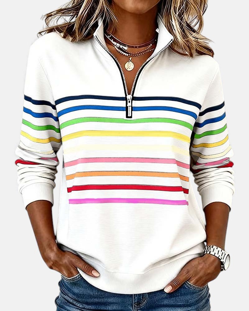 Comfortable Rainbow Striped Sweatshirt for Women with Quarter Zip Collar Long Sleeve Relaxed Knit Style