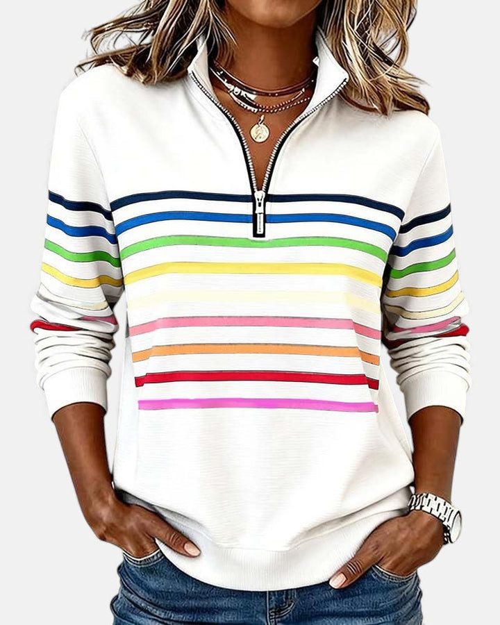 Comfortable Rainbow Striped Sweatshirt for Women with Quarter Zip Collar Long Sleeve Relaxed Knit Style
