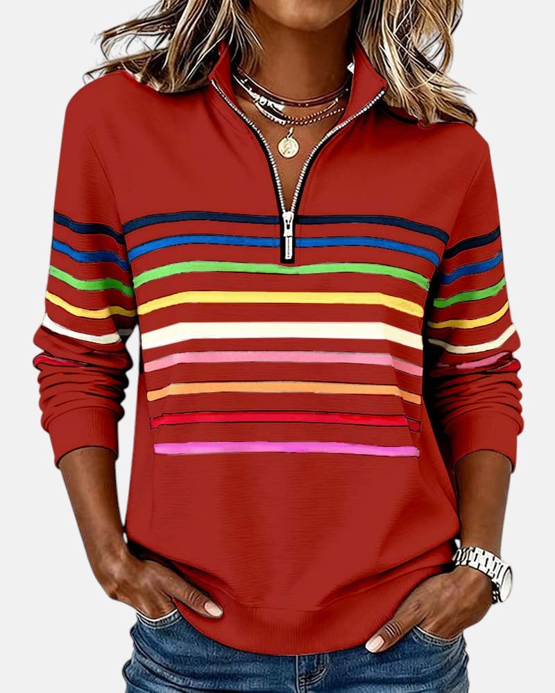 Comfortable Rainbow Striped Sweatshirt for Women with Quarter Zip Collar Long Sleeve Relaxed Knit Style