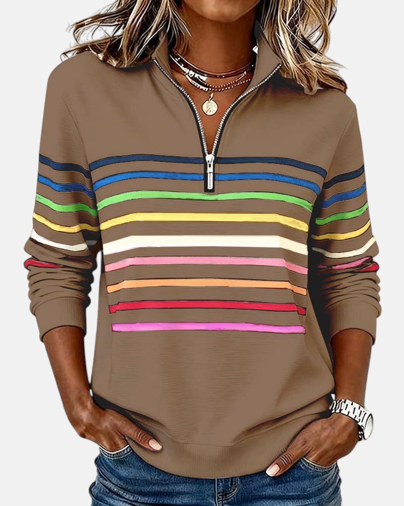 Comfortable Rainbow Striped Sweatshirt for Women with Quarter Zip Collar Long Sleeve Relaxed Knit Style