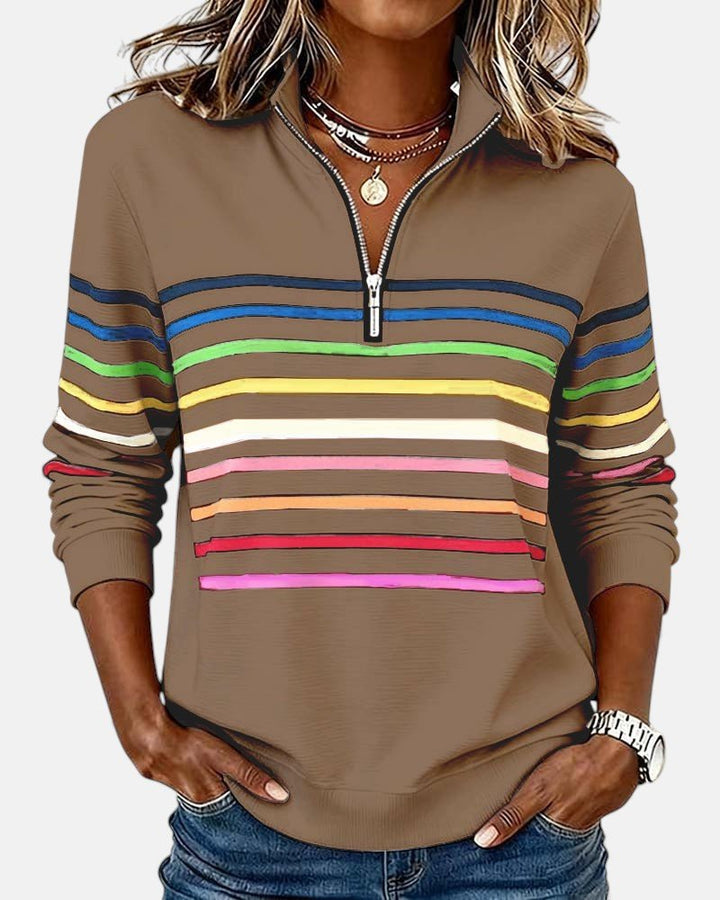 Comfortable Rainbow Striped Sweatshirt for Women with Quarter Zip Collar Long Sleeve Relaxed Knit Style