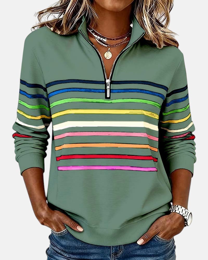Comfortable Rainbow Striped Sweatshirt for Women with Quarter Zip Collar Long Sleeve Relaxed Knit Style