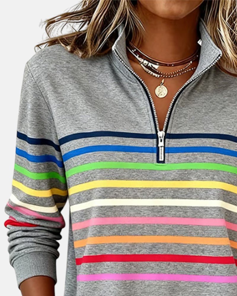 Comfortable Rainbow Striped Sweatshirt for Women with Quarter Zip Collar Long Sleeve Relaxed Knit Style