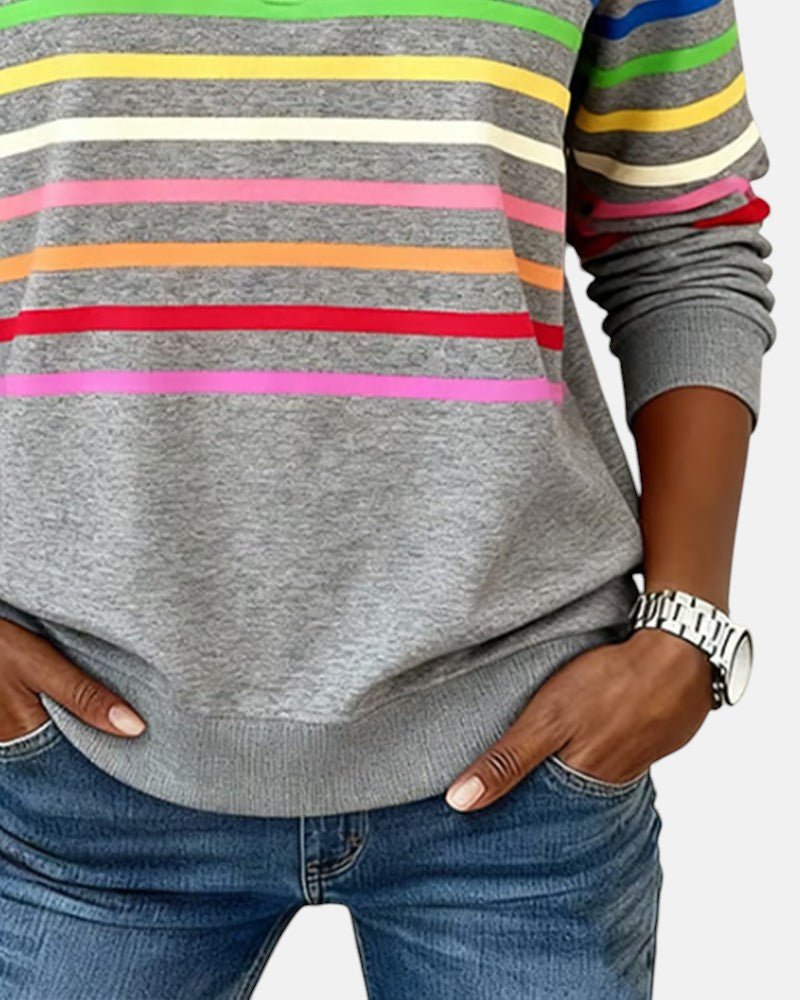 Comfortable Rainbow Striped Sweatshirt for Women with Quarter Zip Collar Long Sleeve Relaxed Knit Style