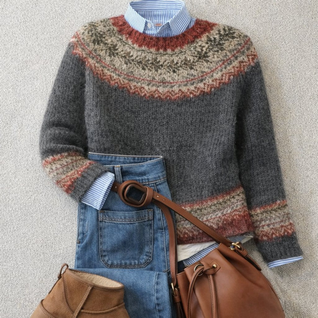Comfortable Gray Fair Isle Sweater for Women with Crew Neck Long Sleeve Relaxed Oversized Knit Style