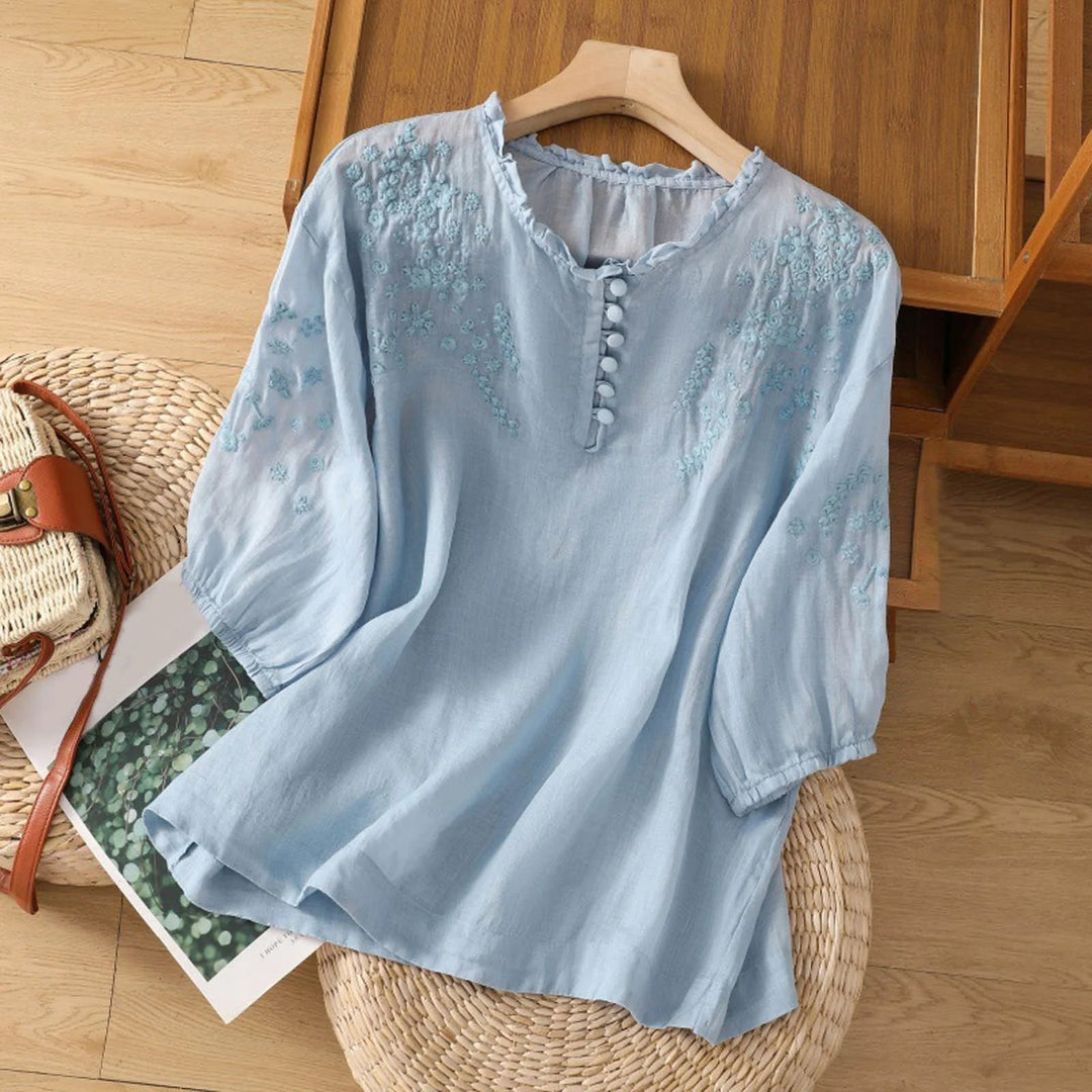 Effortless Embroidered Linen Blouse for Women with Ruffle V Neck Elbow Sleeve Relaxed Boho Style