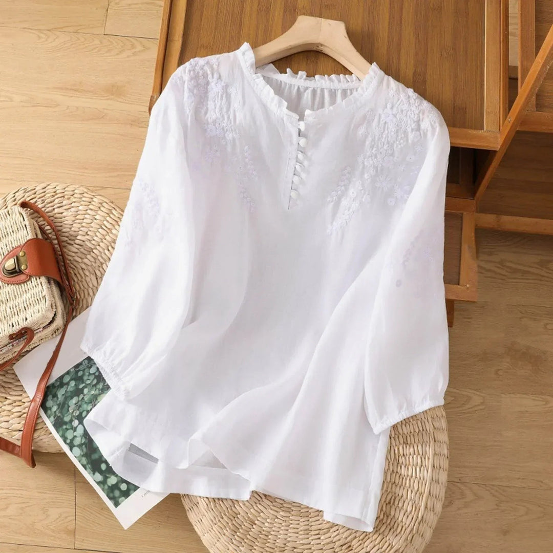 Effortless Embroidered Linen Blouse for Women with Ruffle V Neck Elbow Sleeve Relaxed Boho Style