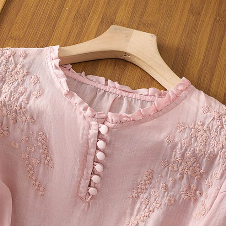 Effortless Embroidered Linen Blouse for Women with Ruffle V Neck Elbow Sleeve Relaxed Boho Style