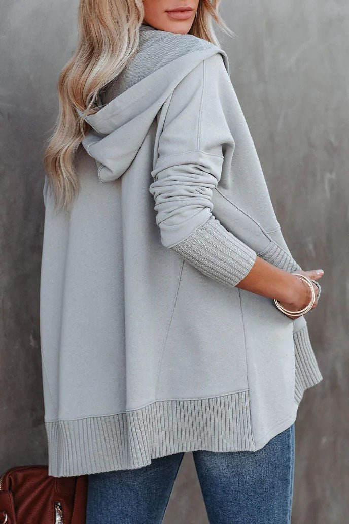 Effortless Oversized Hoodie for Women with Snap Button Placket Long Sleeve Ribbed Cuff Relaxed Knit Style