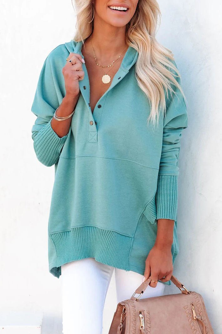 Effortless Oversized Hoodie for Women with Snap Button Placket Long Sleeve Ribbed Cuff Relaxed Knit Style