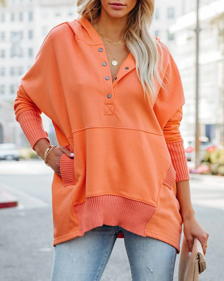 Effortless Oversized Hoodie for Women with Snap Button Placket Long Sleeve Ribbed Cuff Relaxed Knit Style