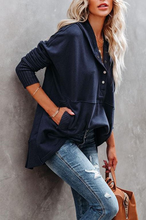 Effortless Oversized Hoodie for Women with Snap Button Placket Long Sleeve Ribbed Cuff Relaxed Knit Style