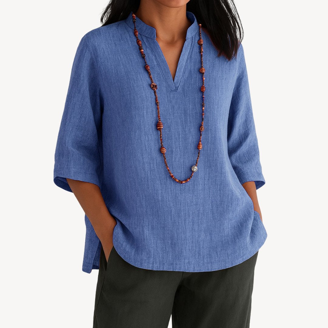 Effortless Linen Tunic Blouse for Women with Split Neck Elbow Sleeve Relaxed Flowing Style