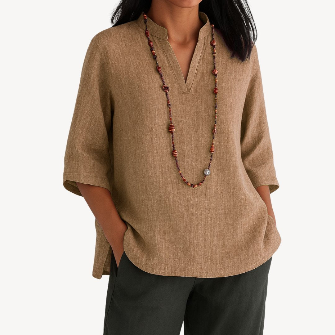 Effortless Linen Tunic Blouse for Women with Split Neck Elbow Sleeve Relaxed Flowing Style