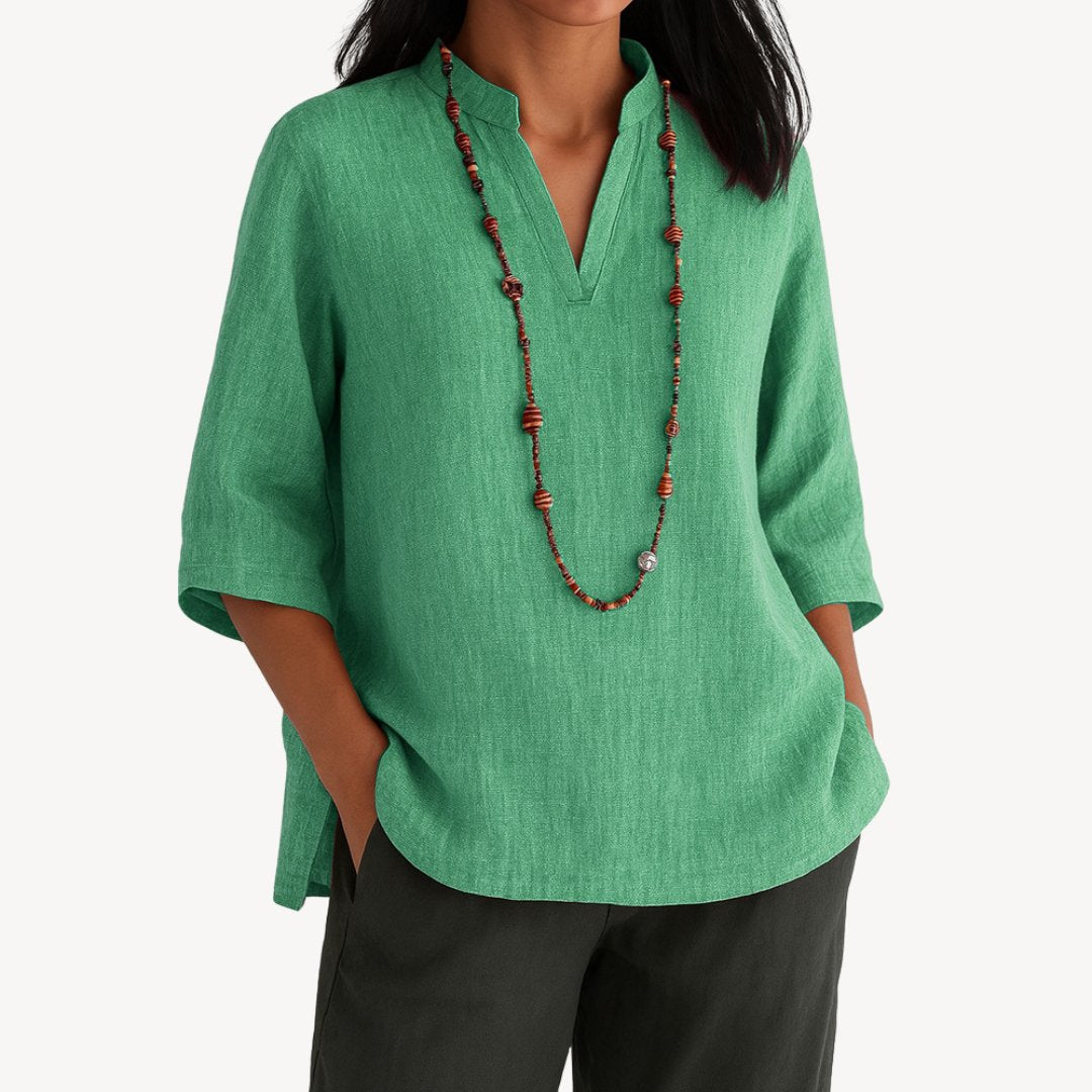 Effortless Linen Tunic Blouse for Women with Split Neck Elbow Sleeve Relaxed Flowing Style