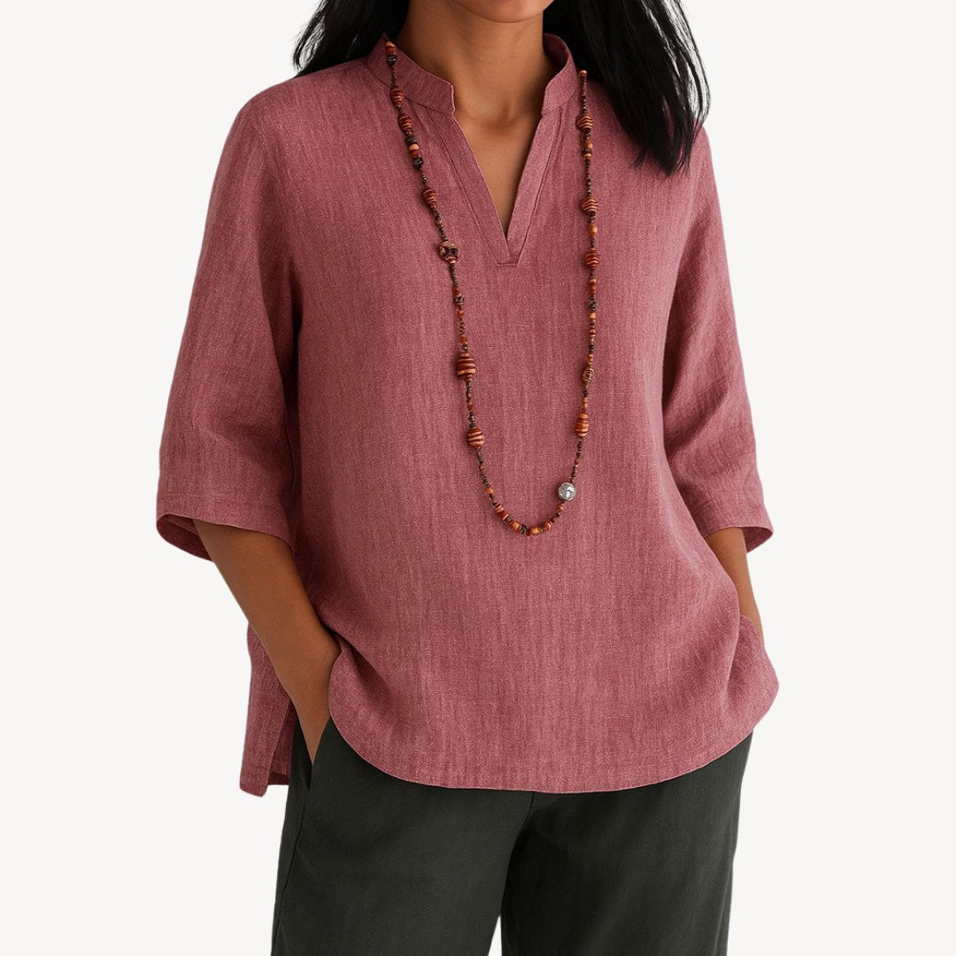 Effortless Linen Tunic Blouse for Women with Split Neck Elbow Sleeve Relaxed Flowing Style