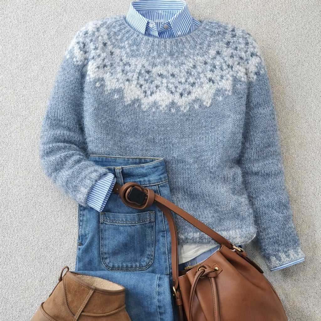 Comfortable Blue Fair Isle Sweater for Women with Crew Neck Long Sleeve Relaxed Oversized Knit Style