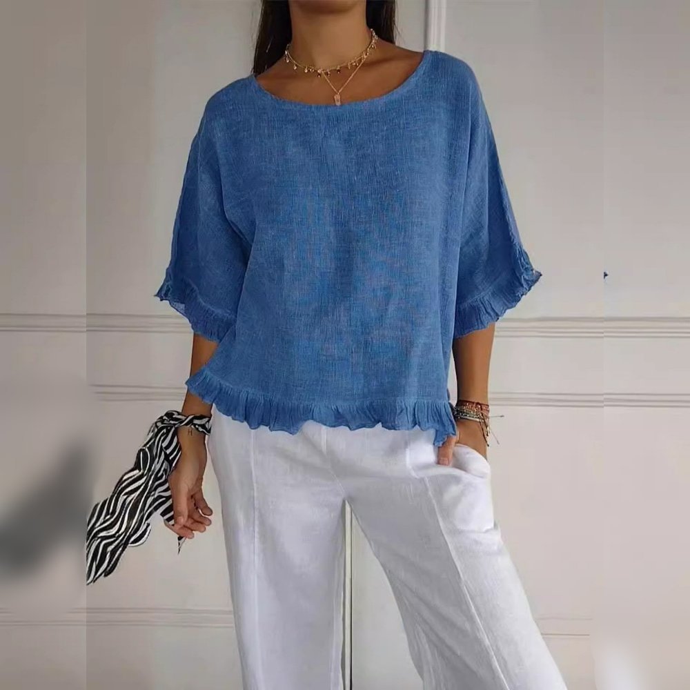 Effortless Linen Blouse for Women with Scoop Neck Half Sleeve Ruffle Trim Relaxed Casual Style