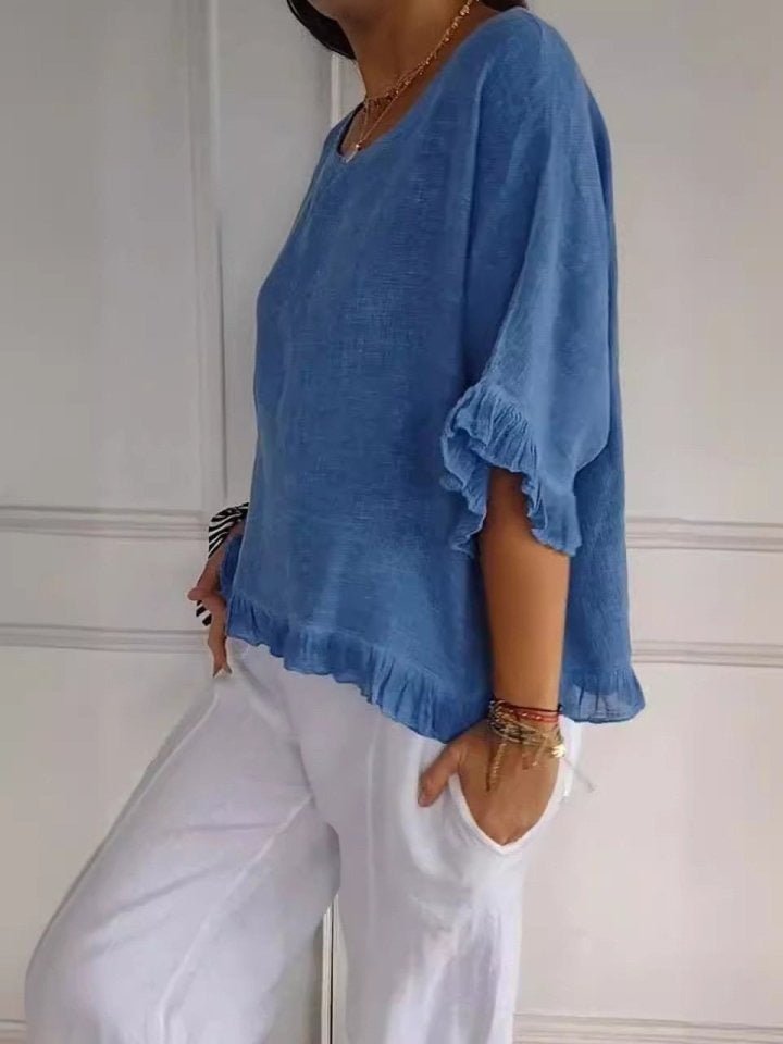 Effortless Linen Blouse for Women with Scoop Neck Half Sleeve Ruffle Trim Relaxed Casual Style