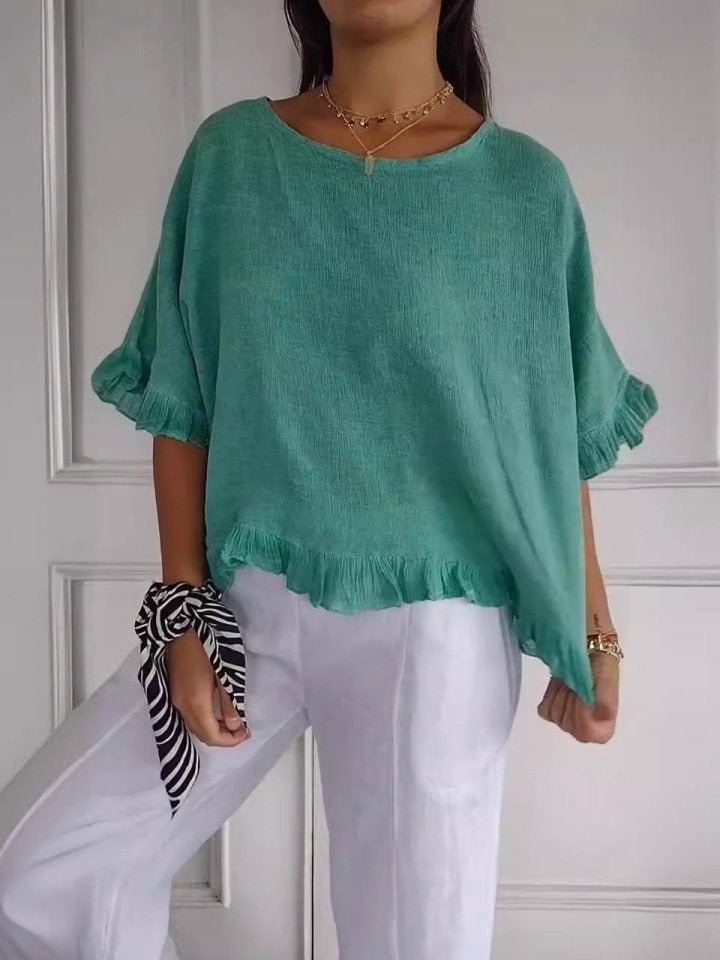 Effortless Linen Blouse for Women with Scoop Neck Half Sleeve Ruffle Trim Relaxed Casual Style