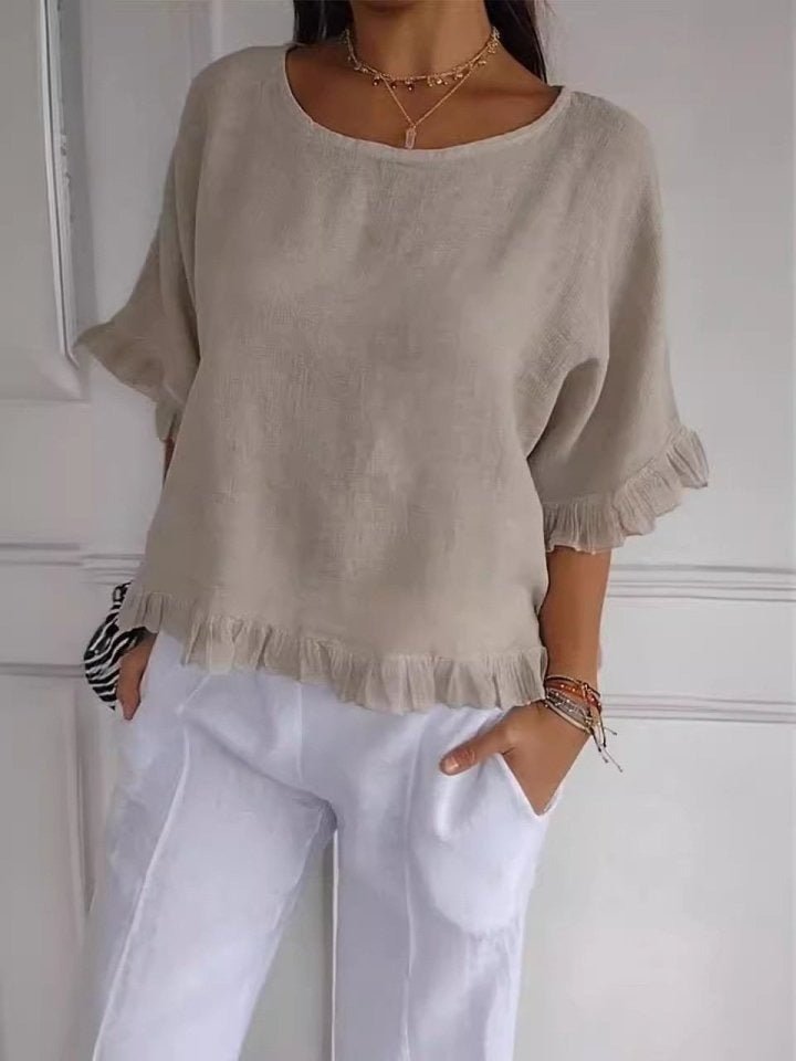 Effortless Linen Blouse for Women with Scoop Neck Half Sleeve Ruffle Trim Relaxed Casual Style