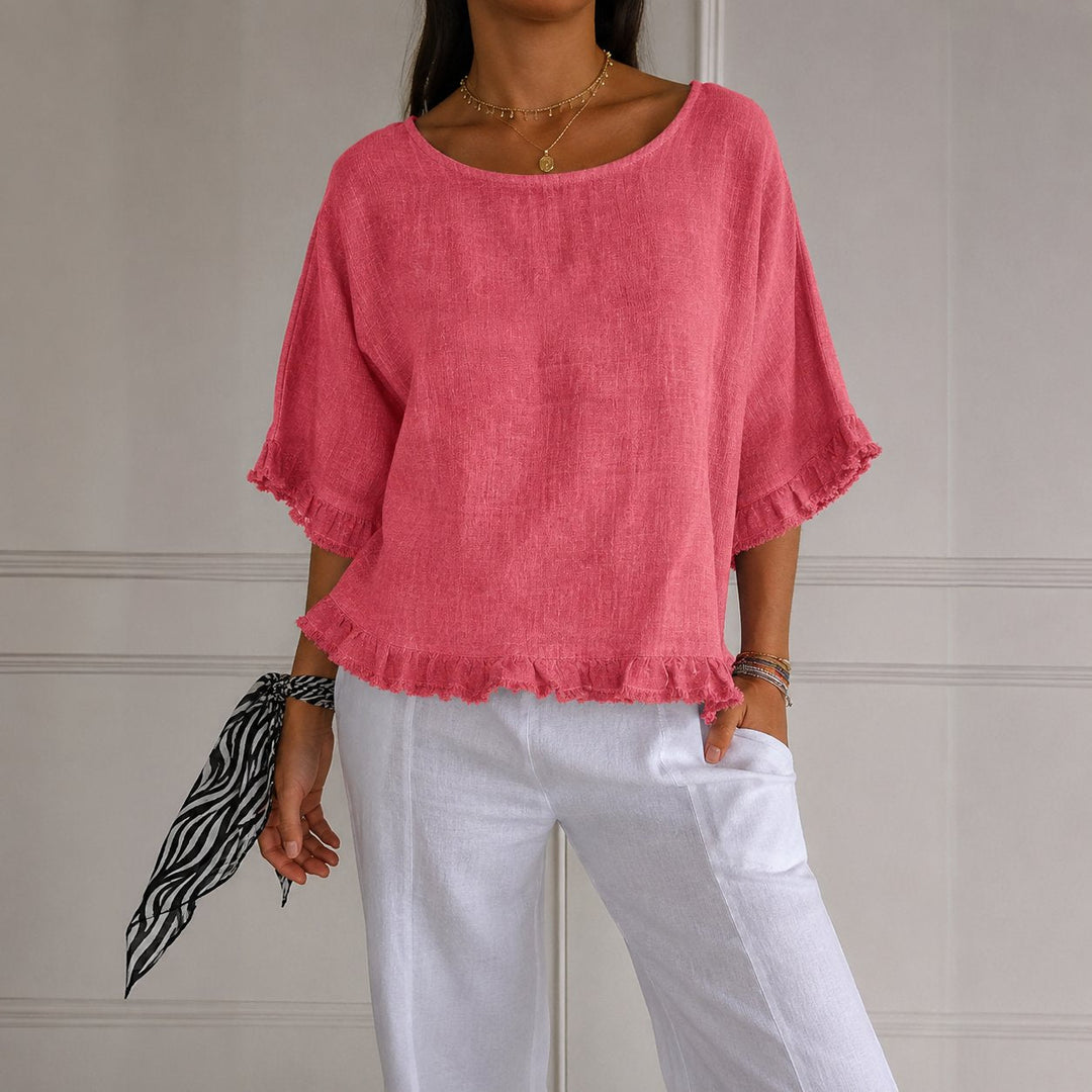 Effortless Linen Blouse for Women with Scoop Neck Half Sleeve Ruffle Trim Relaxed Casual Style