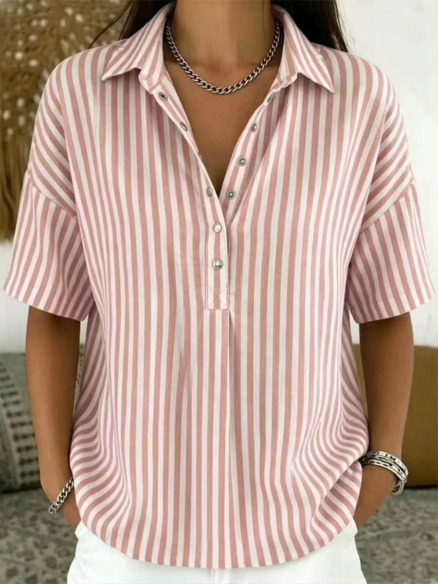 Effortless Striped Blouse for Women with Collar Short Sleeve Button Front Relaxed Style