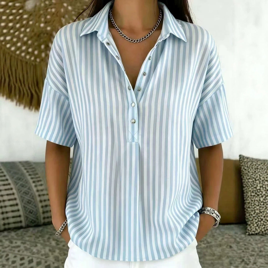 Effortless Striped Blouse for Women with Collar Short Sleeve Button Front Relaxed Style