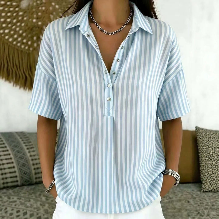 Effortless Striped Blouse for Women with Collar Short Sleeve Button Front Relaxed Style