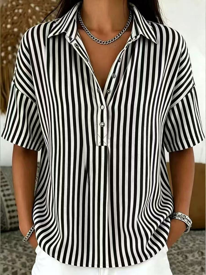 Effortless Striped Blouse for Women with Collar Short Sleeve Button Front Relaxed Style