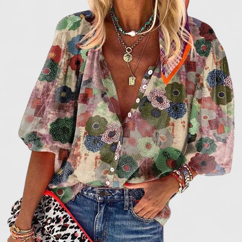 Effortless Green Floral Blouse for Women with Collar Balloon Sleeve Button Front Bohemian Style