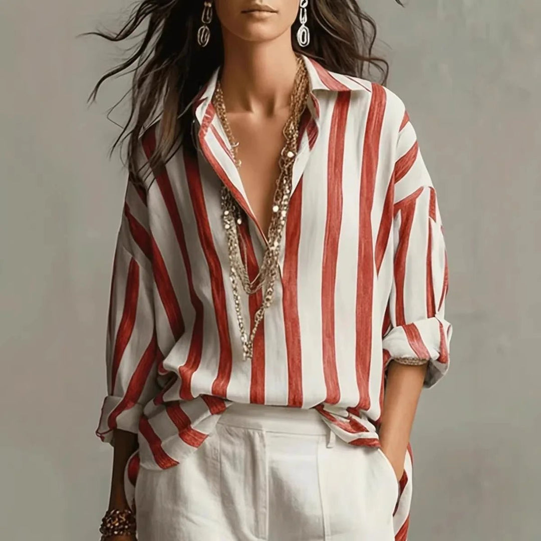 Effortless Striped Blouse for Women with Collar Long Sleeve Relaxed Oversized Style
