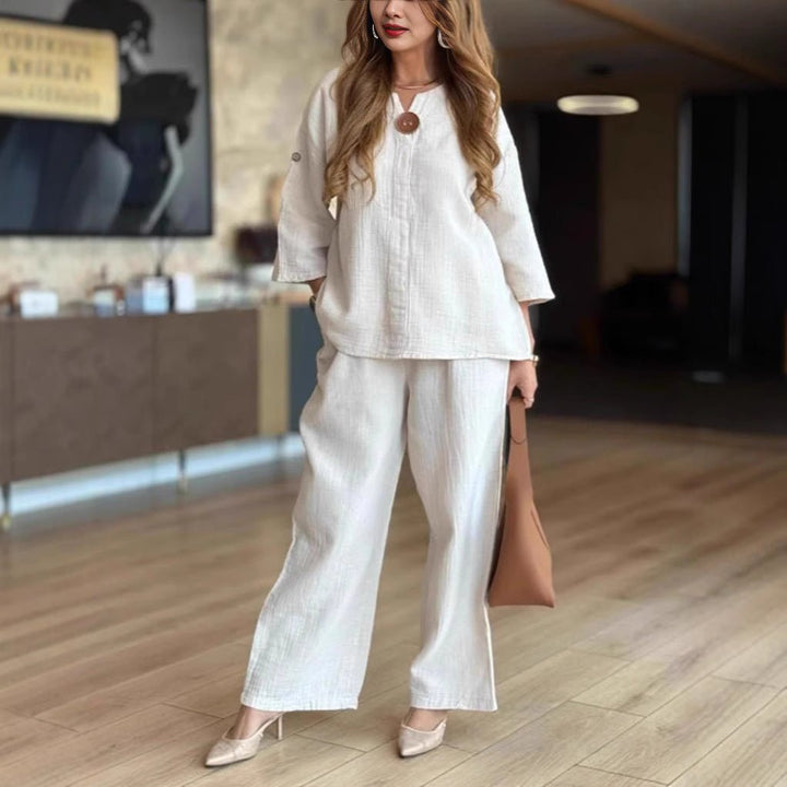 Effortless Linen Wide Leg Set for Women with V Neck Elbow Sleeve Button Front Relaxed Two Piece Style