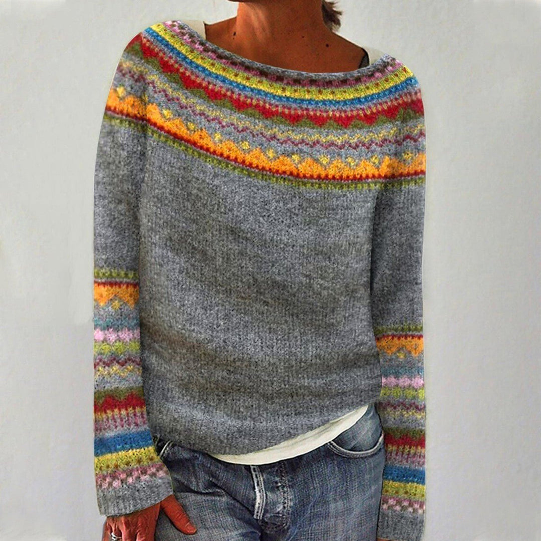 Comfortable Fair Isle Sweater for Women with Round Neck Long Sleeve Relaxed Oversized Knit Style
