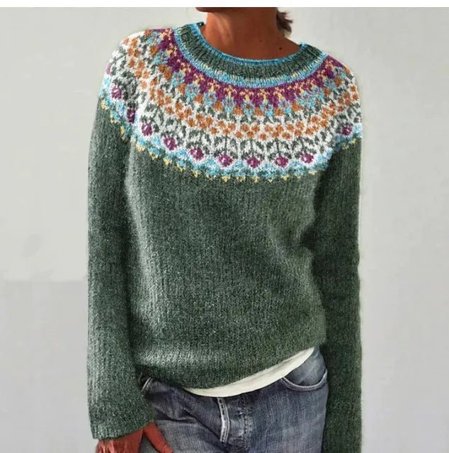 Comfortable Fair Isle Sweater for Women with Round Neck Long Sleeve Relaxed Oversized Knit Style