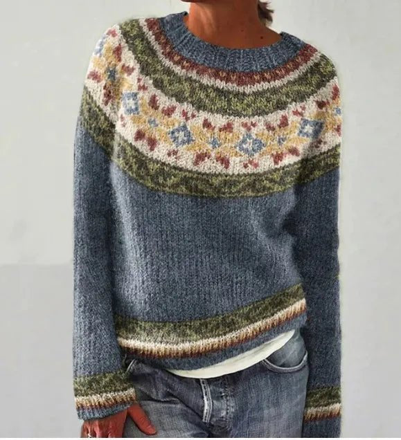 Comfortable Fair Isle Sweater for Women with Round Neck Long Sleeve Relaxed Oversized Knit Style