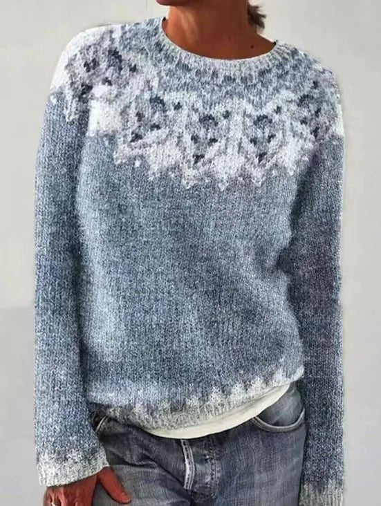 Comfortable Fair Isle Sweater for Women with Round Neck Long Sleeve Relaxed Oversized Knit Style
