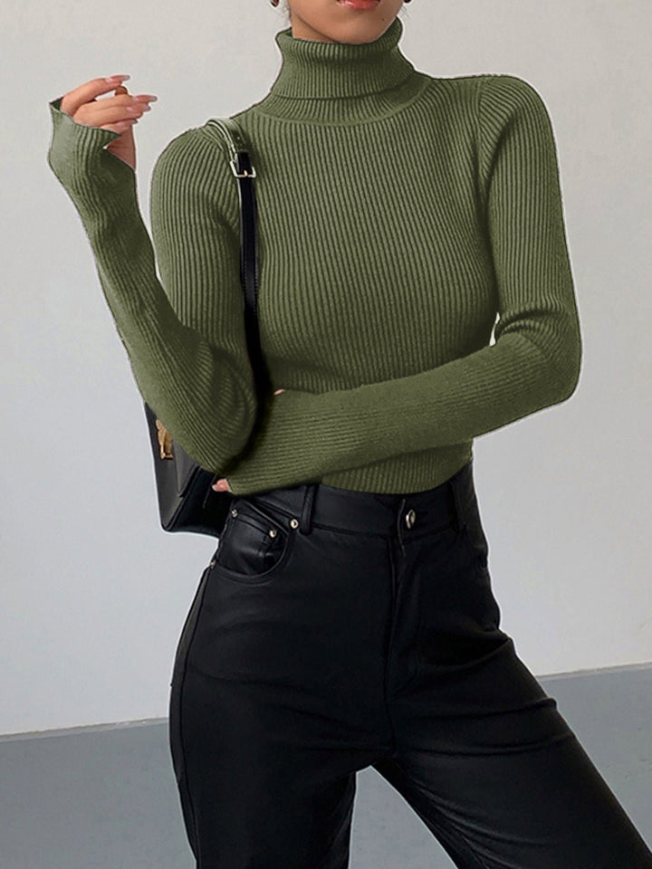 Comfortable Ribbed Knit Sweater for Women with Turtleneck Long Sleeve Fitted Slim Casual Style