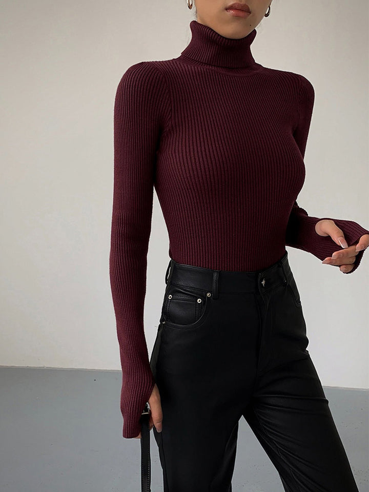 Comfortable Ribbed Knit Sweater for Women with Turtleneck Long Sleeve Fitted Slim Casual Style