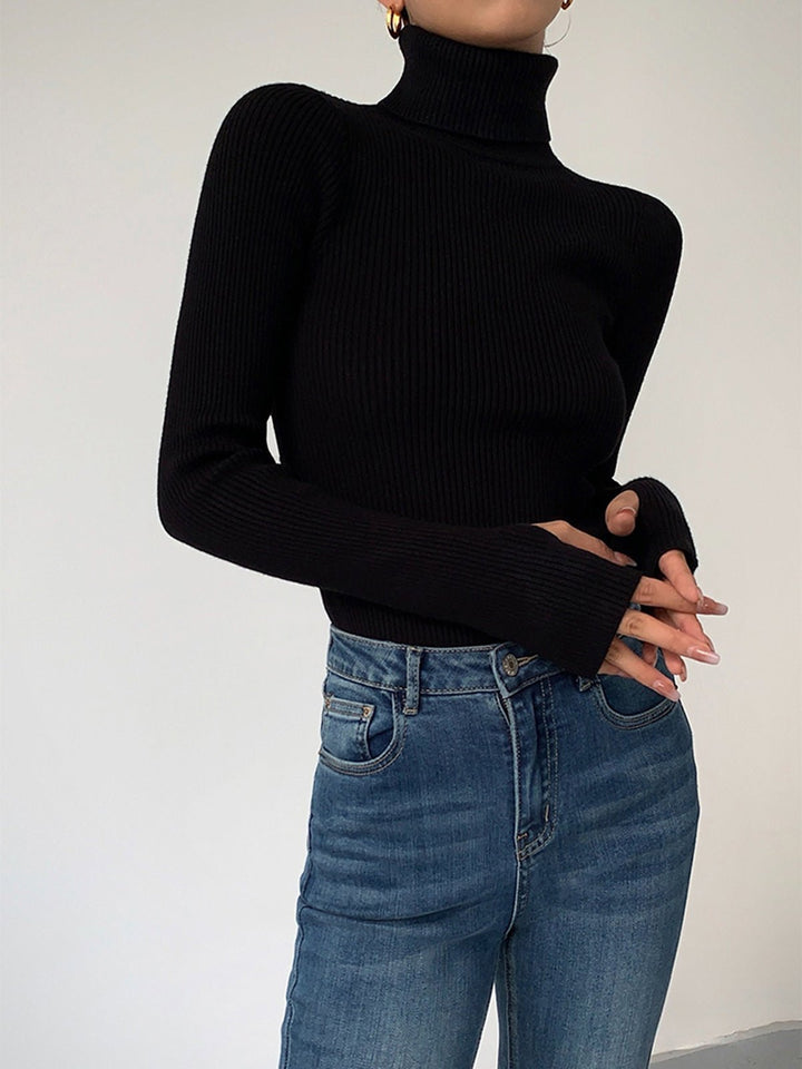 Comfortable Ribbed Knit Sweater for Women with Turtleneck Long Sleeve Fitted Slim Casual Style