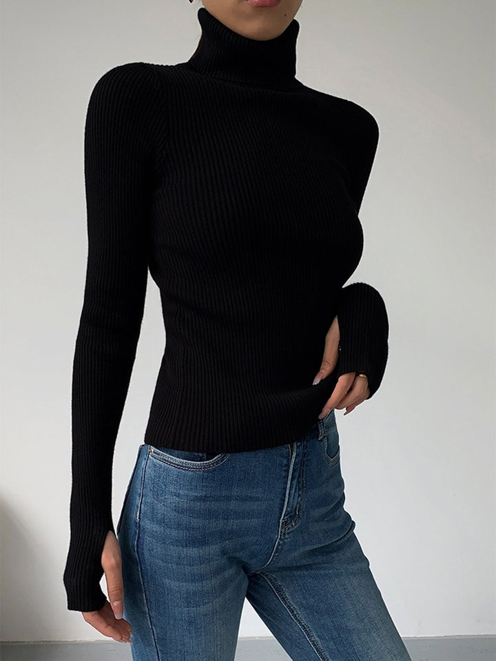 Comfortable Ribbed Knit Sweater for Women with Turtleneck Long Sleeve Fitted Slim Casual Style
