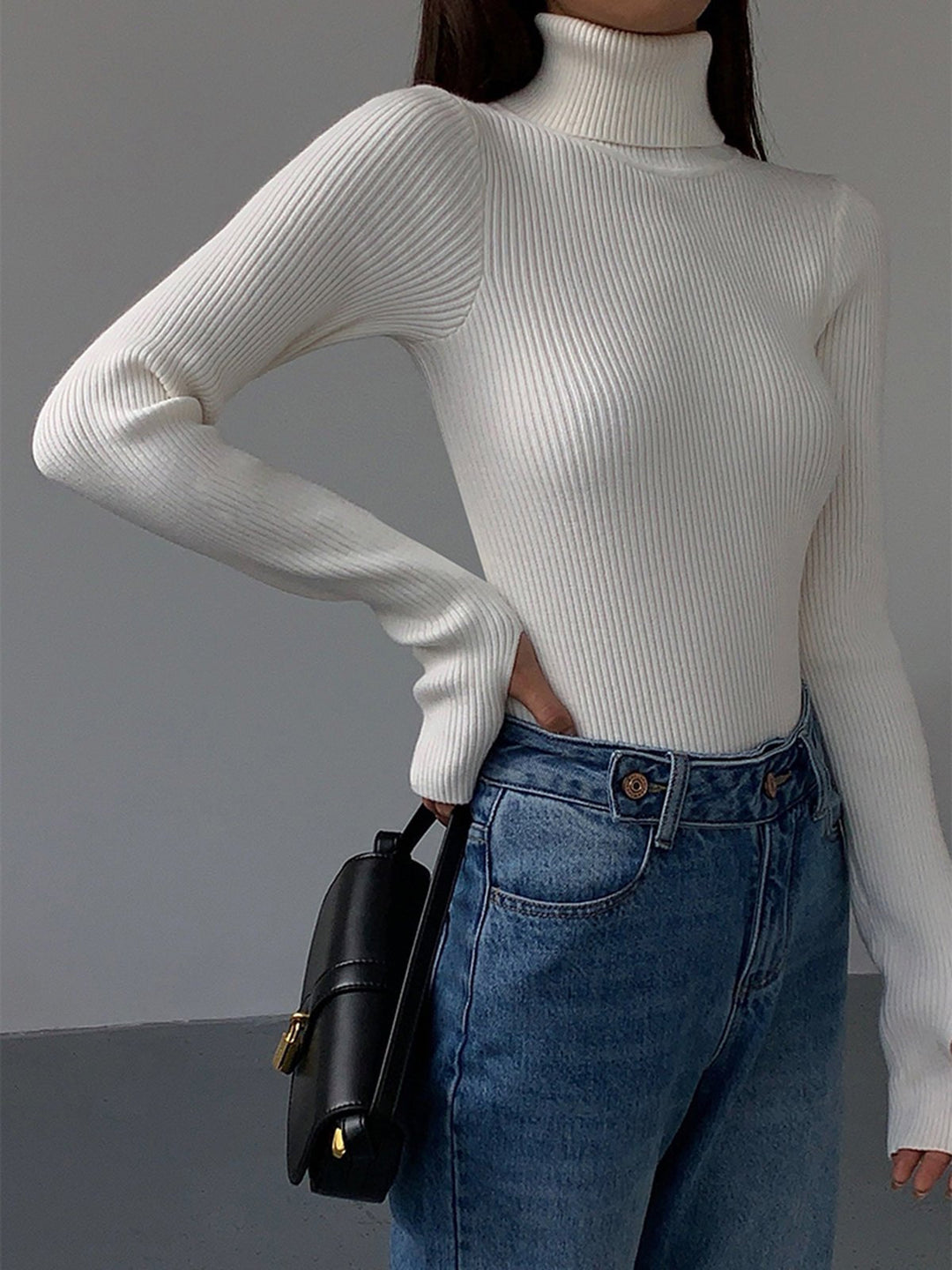Comfortable Ribbed Knit Sweater for Women with Turtleneck Long Sleeve Fitted Slim Casual Style