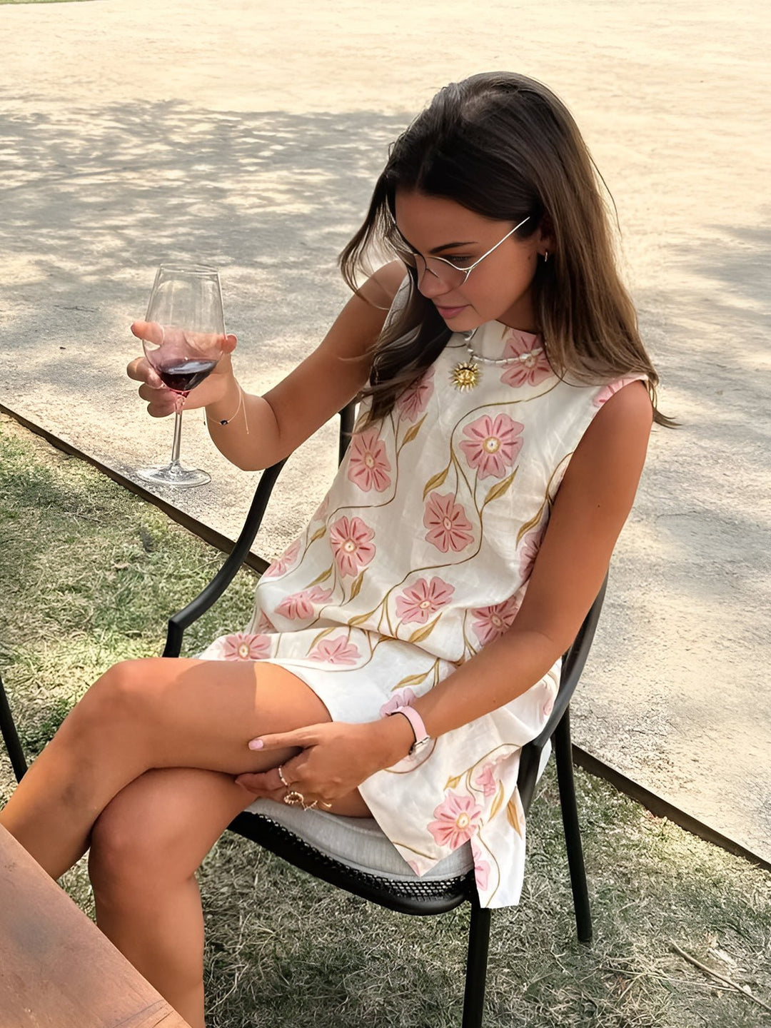 Effortless White Floral Linen Mini Dress for Women with High Neck Sleeveless Shift Flowing Casual Style