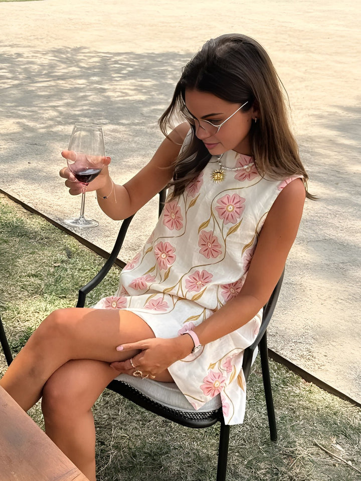 Effortless White Floral Linen Mini Dress for Women with High Neck Sleeveless Shift Flowing Casual Style