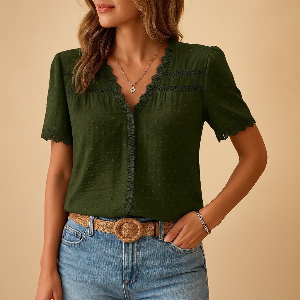 Effortless Swiss Dot Blouse for Women with V Neck Short Sleeve Lace Trim Casual Style