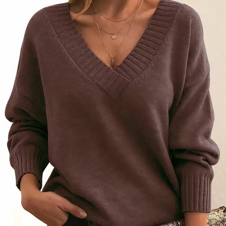 Comfortable Ribbed Sweater for Women with V Neck Long Sleeve Relaxed Oversized Knit Style