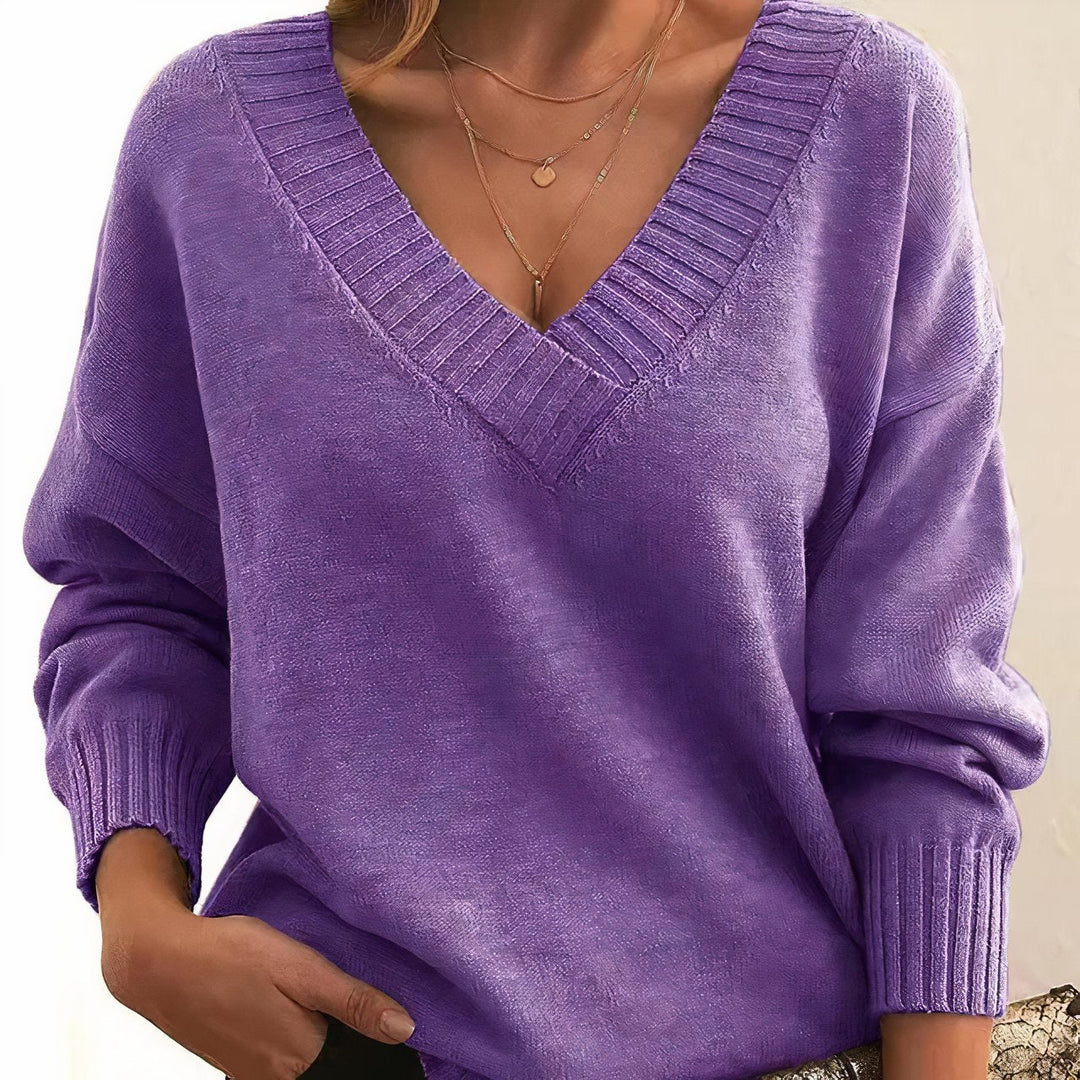 Comfortable Ribbed Sweater for Women with V Neck Long Sleeve Relaxed Oversized Knit Style