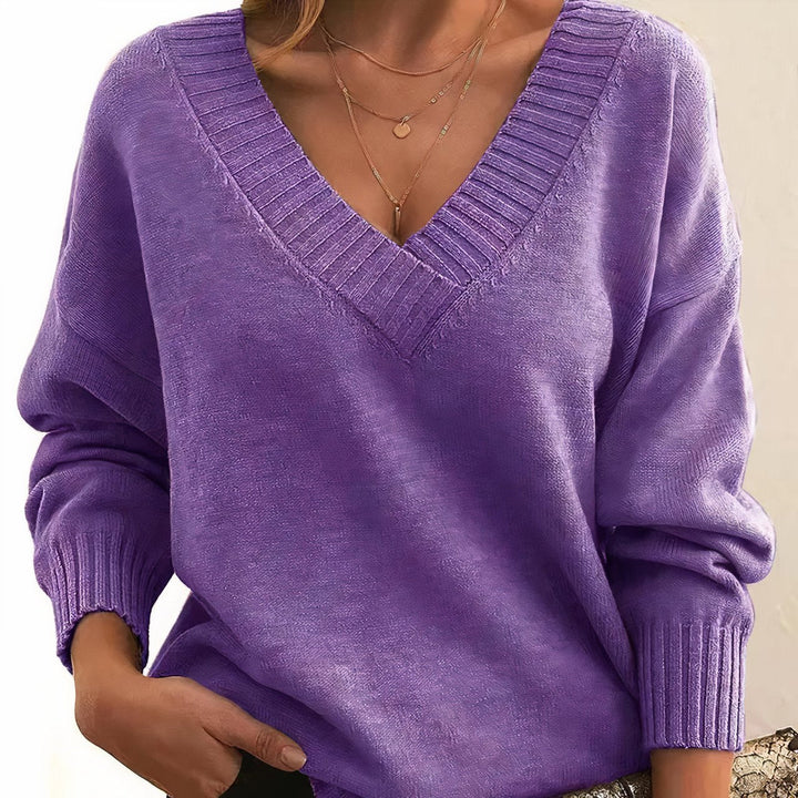 Comfortable Ribbed Sweater for Women with V Neck Long Sleeve Relaxed Oversized Knit Style