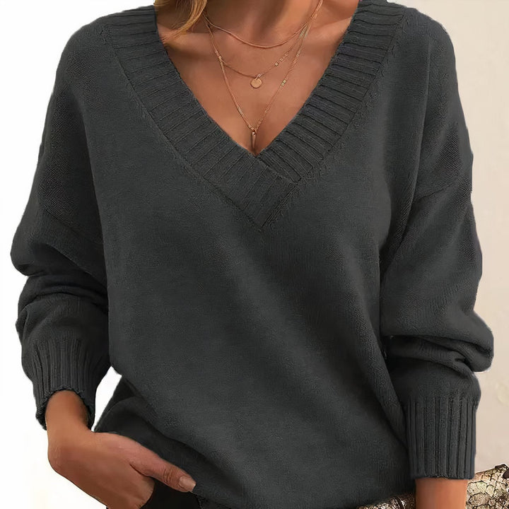 Comfortable Ribbed Sweater for Women with V Neck Long Sleeve Relaxed Oversized Knit Style